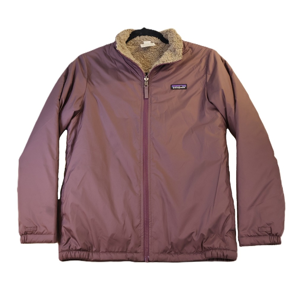 Patagonia Kids XL 14 Reversible Fleece Jacket Purple Tan Full‎ Zip Outdoor Coat
